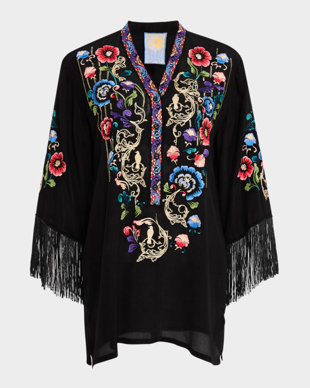 Bahia Embroidered Fringe-Trim Silk Tunic